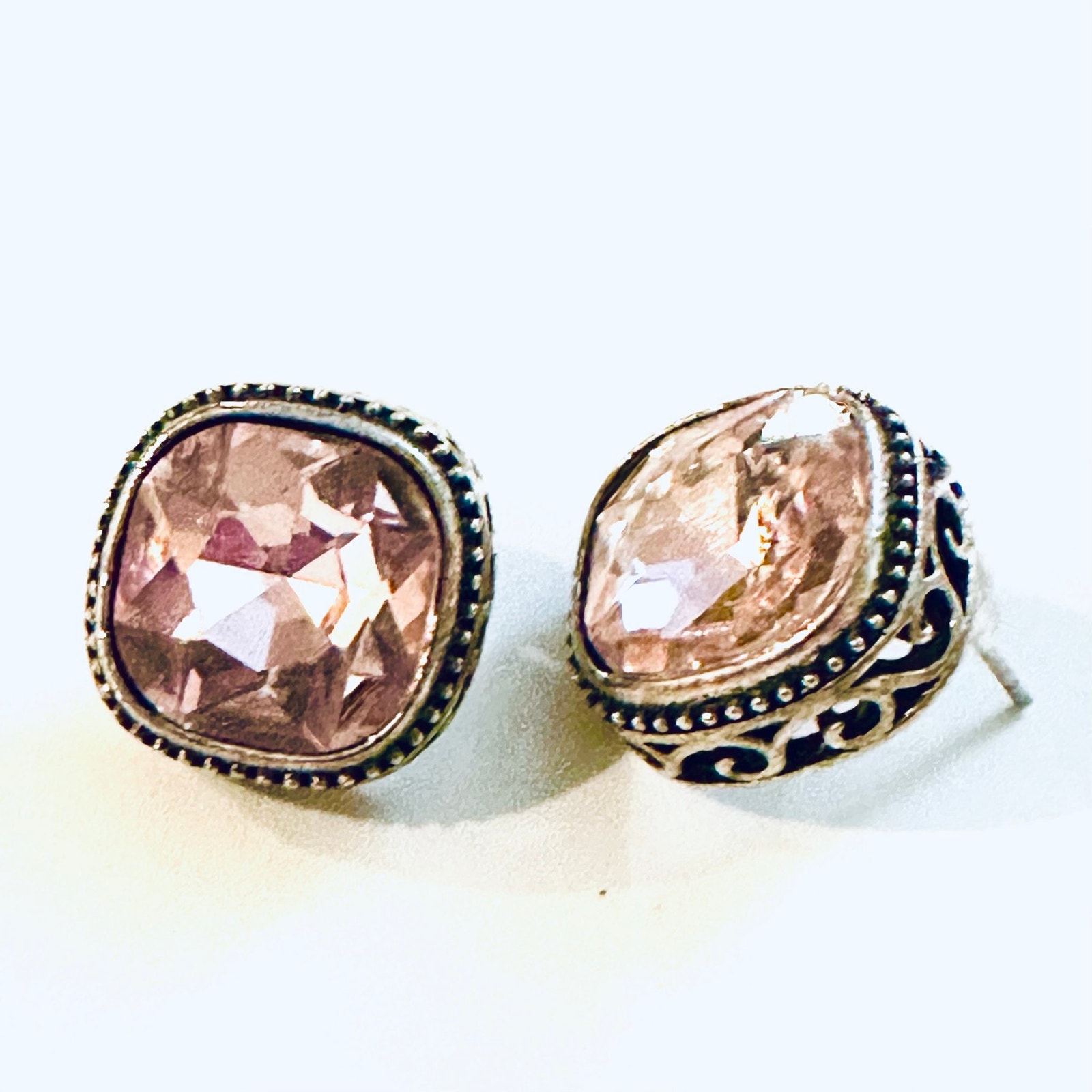 Crystal In Silver Filigree Stud Earrings Pink